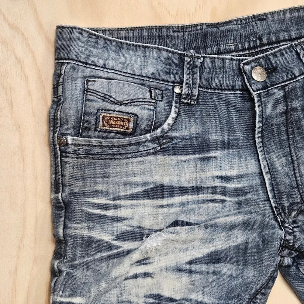 San Marino Gas Distressed Straight Leg Blue Jeans Mens 34 x 32 Whiskered Grunge